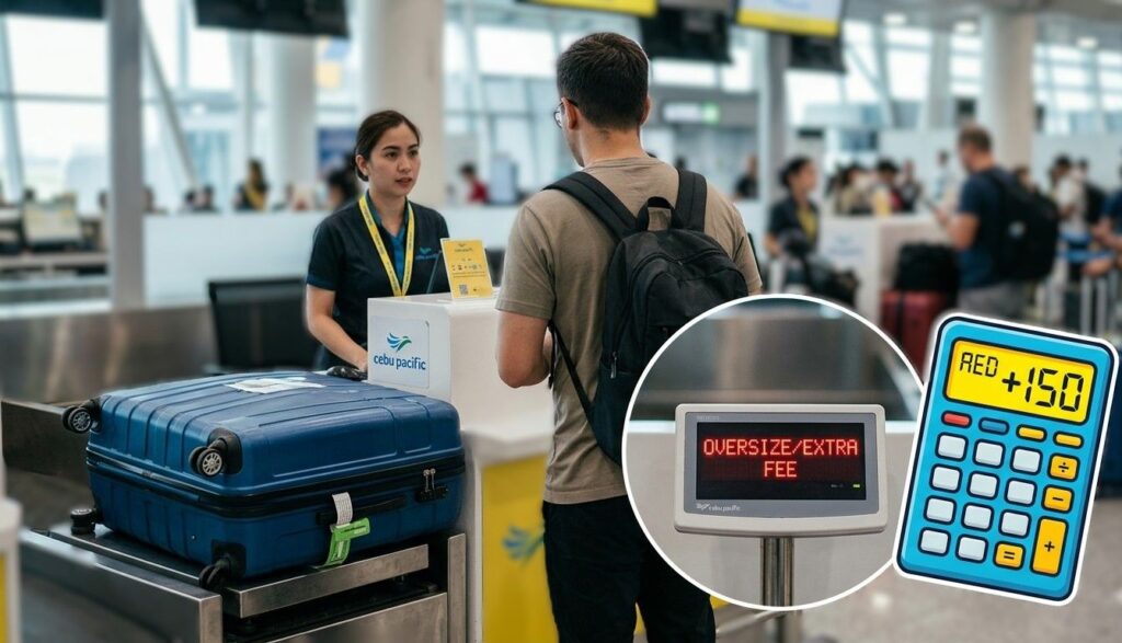 A passenger at the Cebu Pacific check-in counter with a calculator icon showing an extra AED 150 fee for oversized luggage.