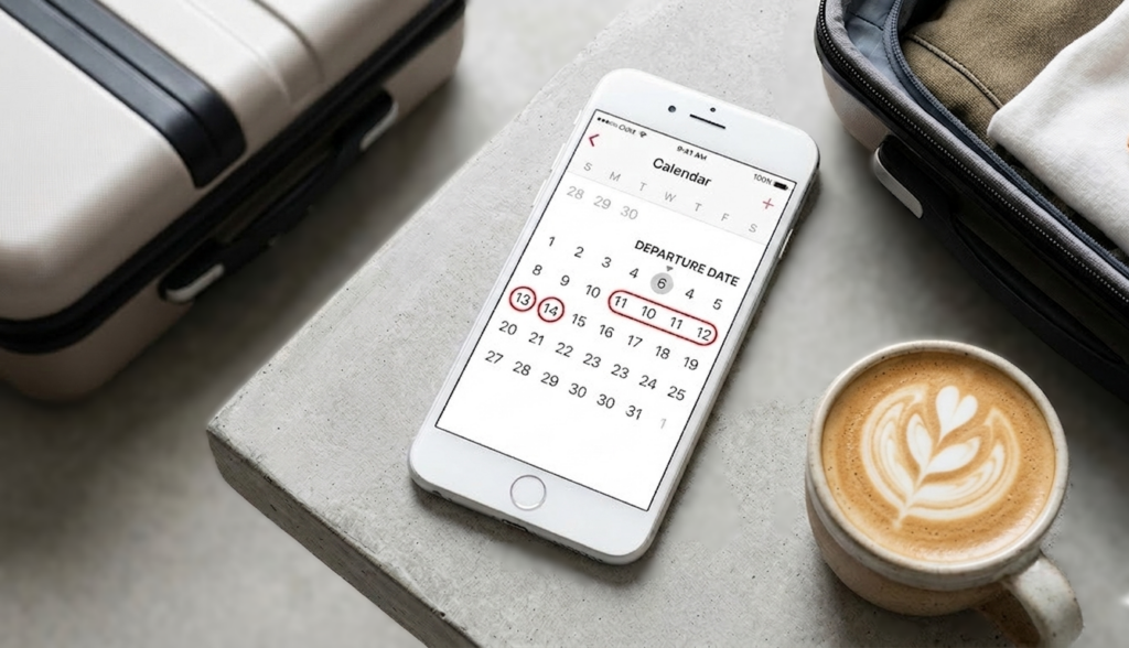 A mobile phone showing a calendar with circled dates, representing the golden booking window for cheap flights.