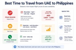 Infographic showing Peak, Shoulder, and Off-Peak travel seasons from UAE to Philippines with average fare ranges.