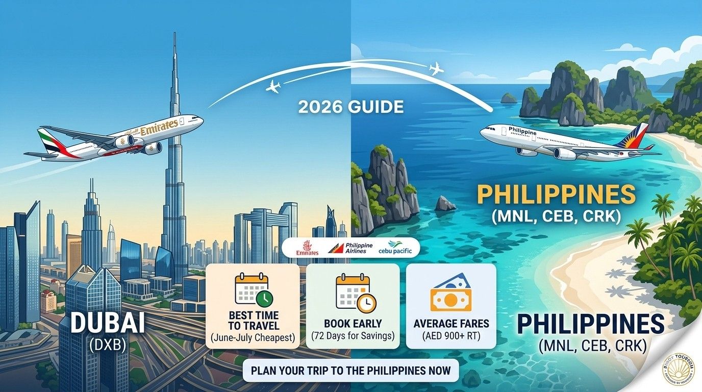 A travel guide featured image for 2026 showing a split-screen collage of the Dubai skyline with the Burj Khalifa and a tropical Philippine beach, featuring Emirates and Philippine Airlines aircraft and key travel tips.