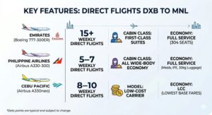 Comparison of Emirates, Philippine Airlines, and Cebu Pacific features including weekly flights and cabin classes.