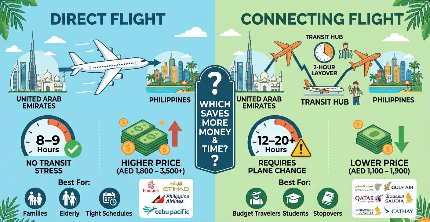 A detailed infographic comparing direct and connecting flights from the UAE to the Philippines.