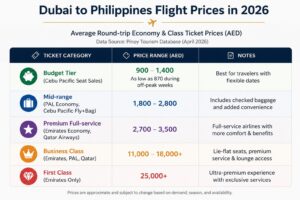 Table of Dubai to Philippines flight prices for 2026 across Budget, Mid-range, Premium, and Business classes.