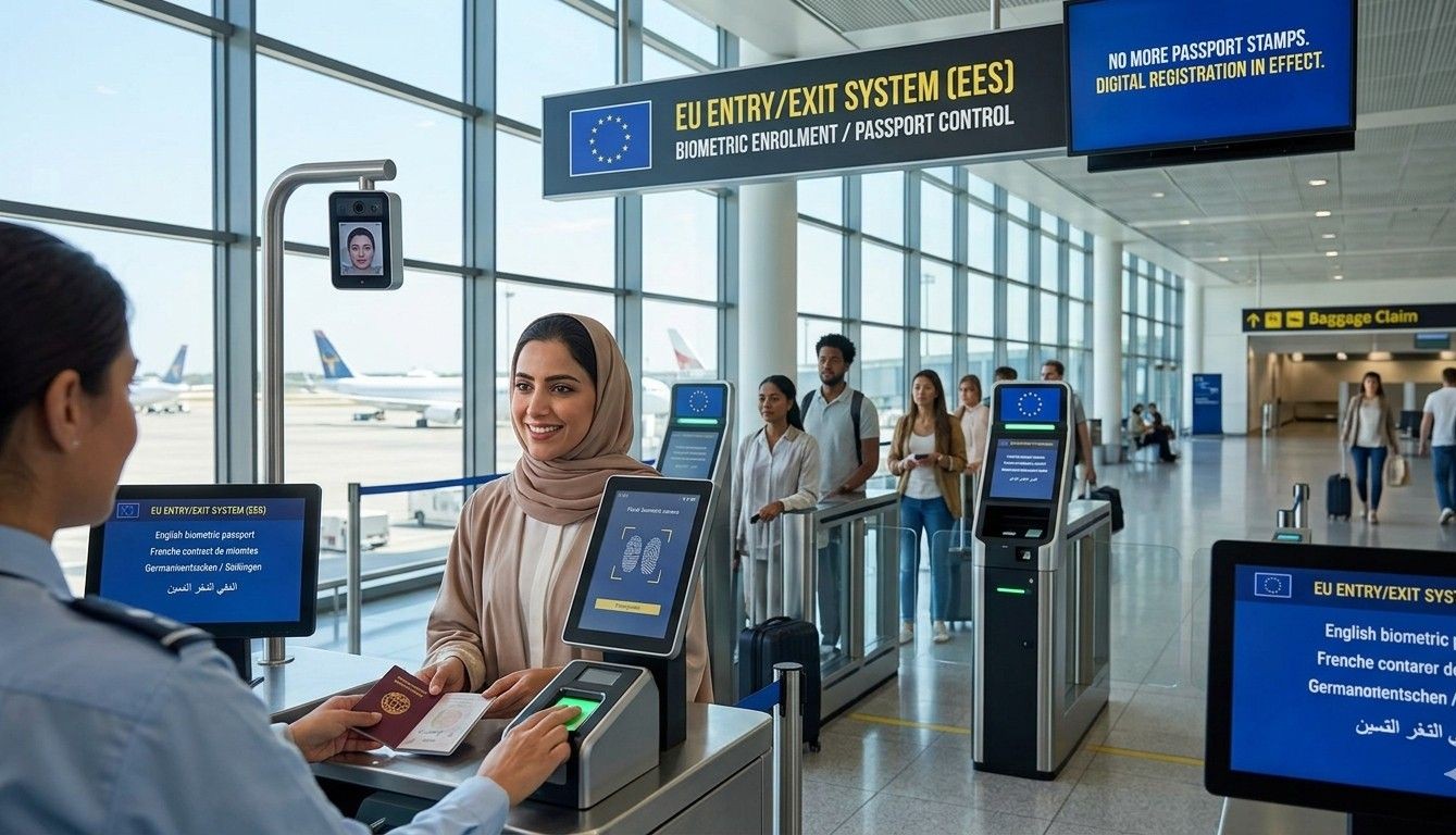 A photo taken at a modern European airport border control point shows a female UAE traveler in a beige hijab and modern clothing providing a fingerprint scan at a biometric kiosk, while her passport is checked by a border official