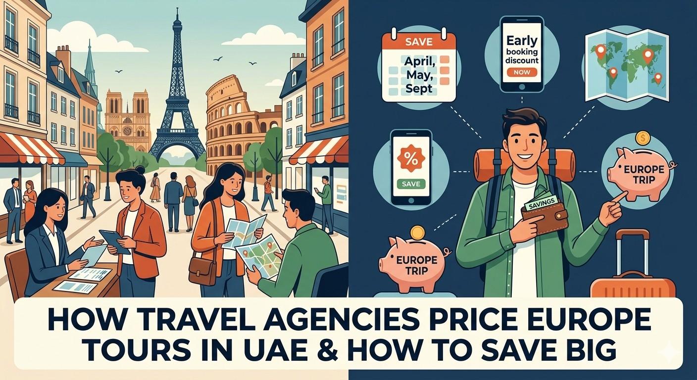 A split-screen illustration showing a travel agency consultation in Dubai on one side and a traveler saving money on a Europe trip