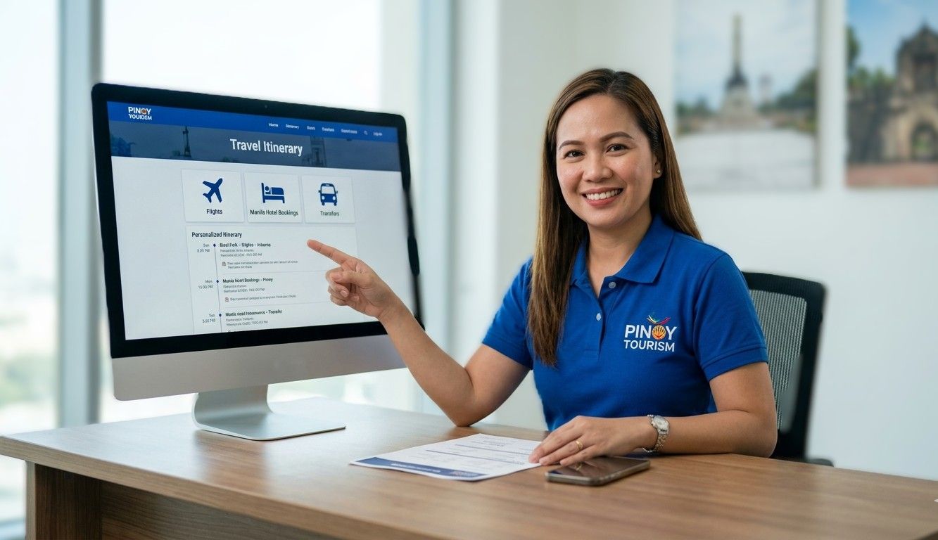 A Pinoy Tourism travel expert pointing to a personalized travel itinerary on a computer screen.