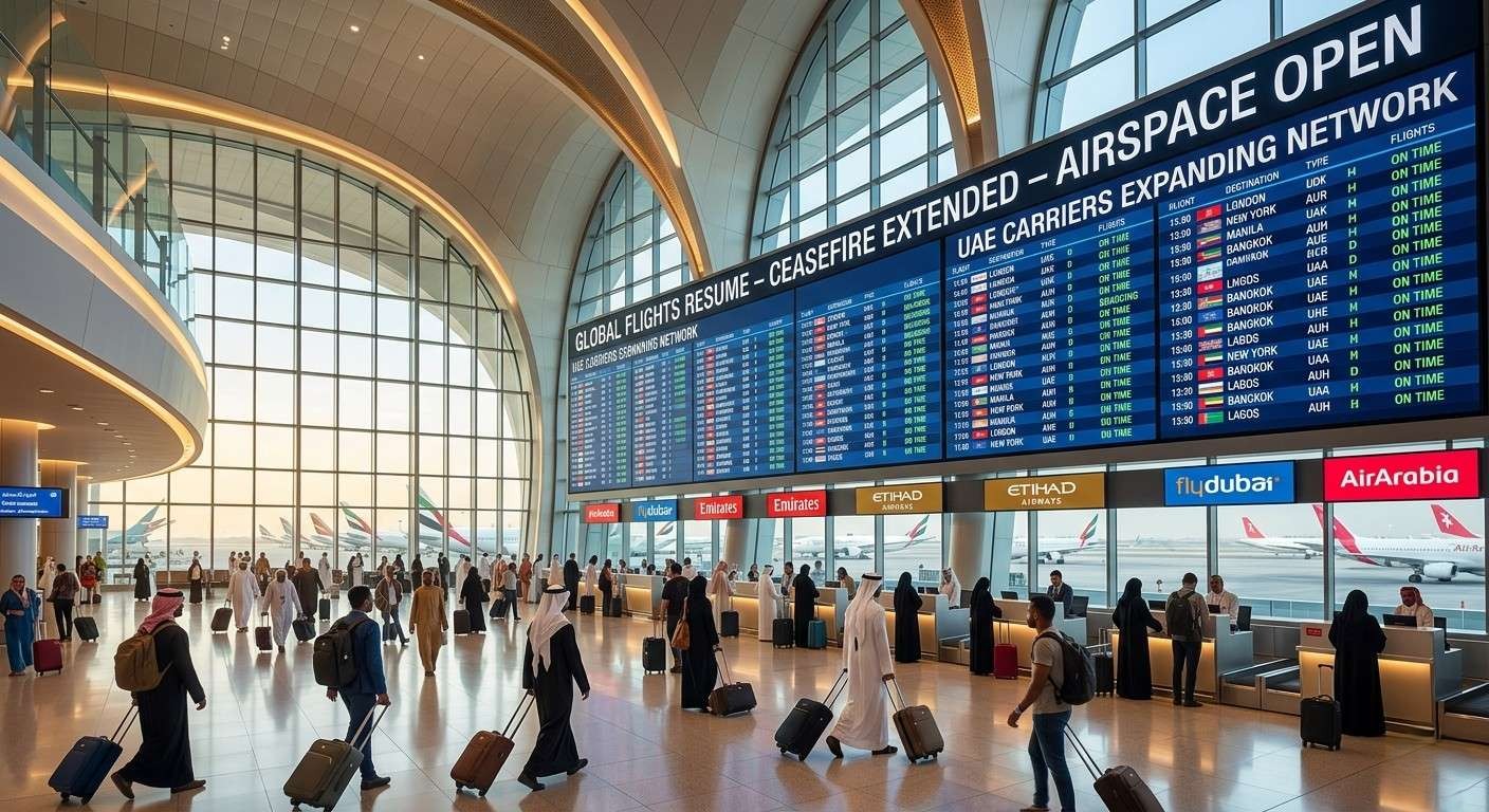 A busy modern airport terminal with travellers and clear flight departure boards showing routes expanding due to the ceasefire.
