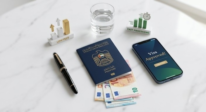 A stylish woman at Dubai International Airport using a digital tablet with a map of Europe showing high visa approval rates for Latvia and Hungary, with an Emirates aircraft visible in the background during sunrise.