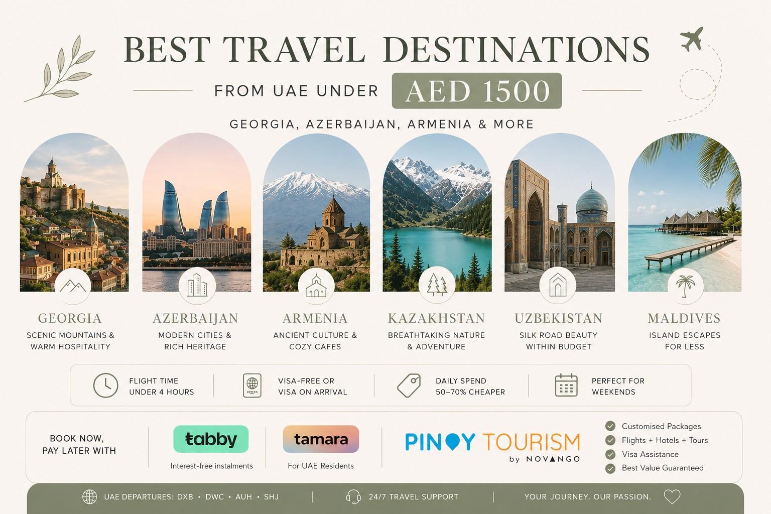 Minimal travel poster featuring Georgia, Azerbaijan, Armenia, Kazakhstan, Uzbekistan, and Maldives budget trips from UAE under AED 1500.