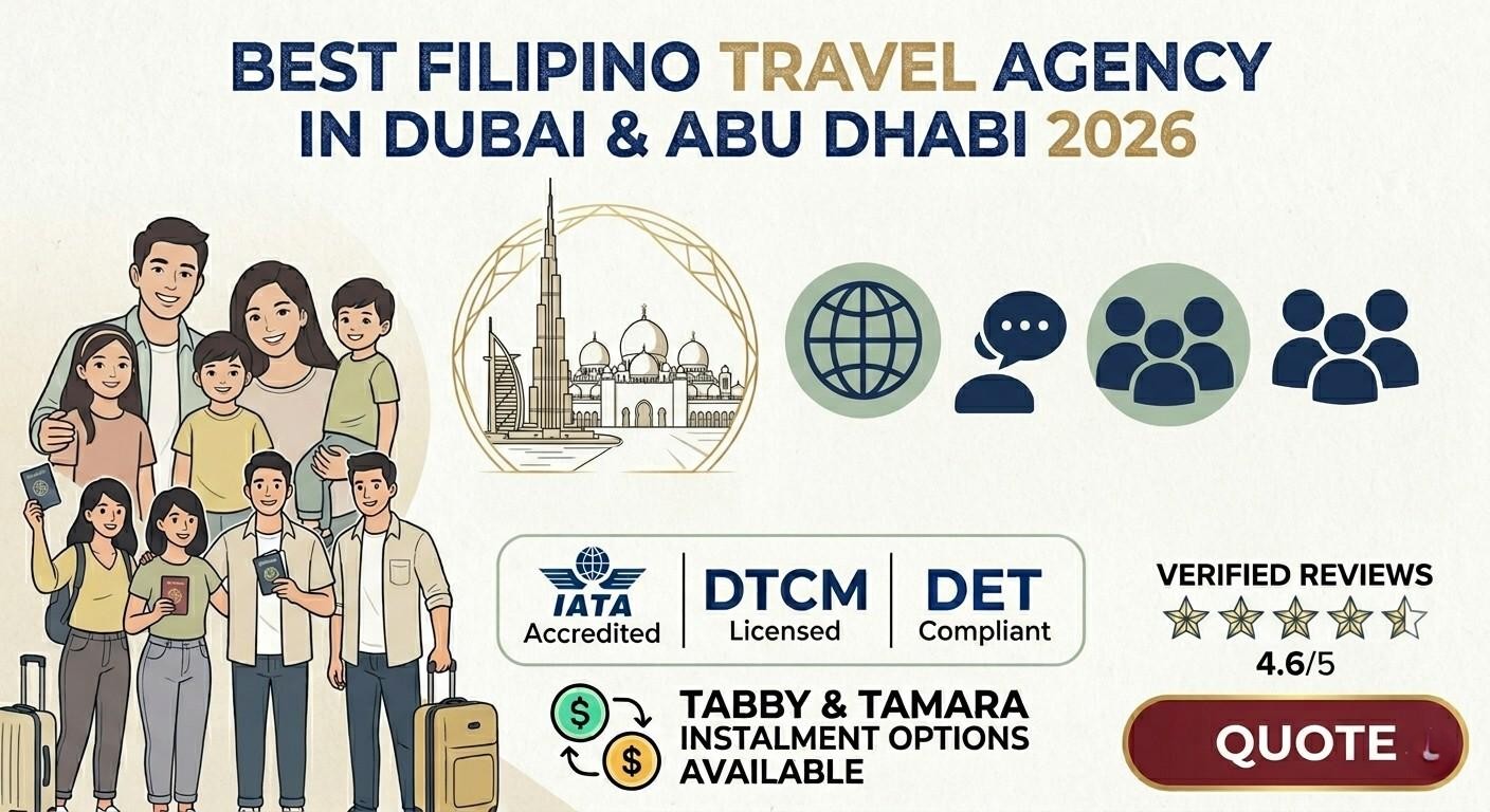 Infographic for Pinoy Tourism, highlighting its IATA, DTCM, and DET compliance, 4.6-star verified reviews, and diverse services for the Filipino community in the UAE.