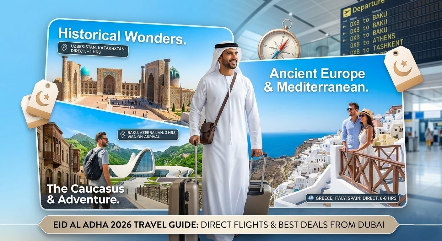 A visual travel guide collage for Eid Al Adha 2026 from Dubai, featuring an Emirati traveler at an airport surrounded by destinations like Uzbekistan, Santorini, and Baku with travel times and visa info.