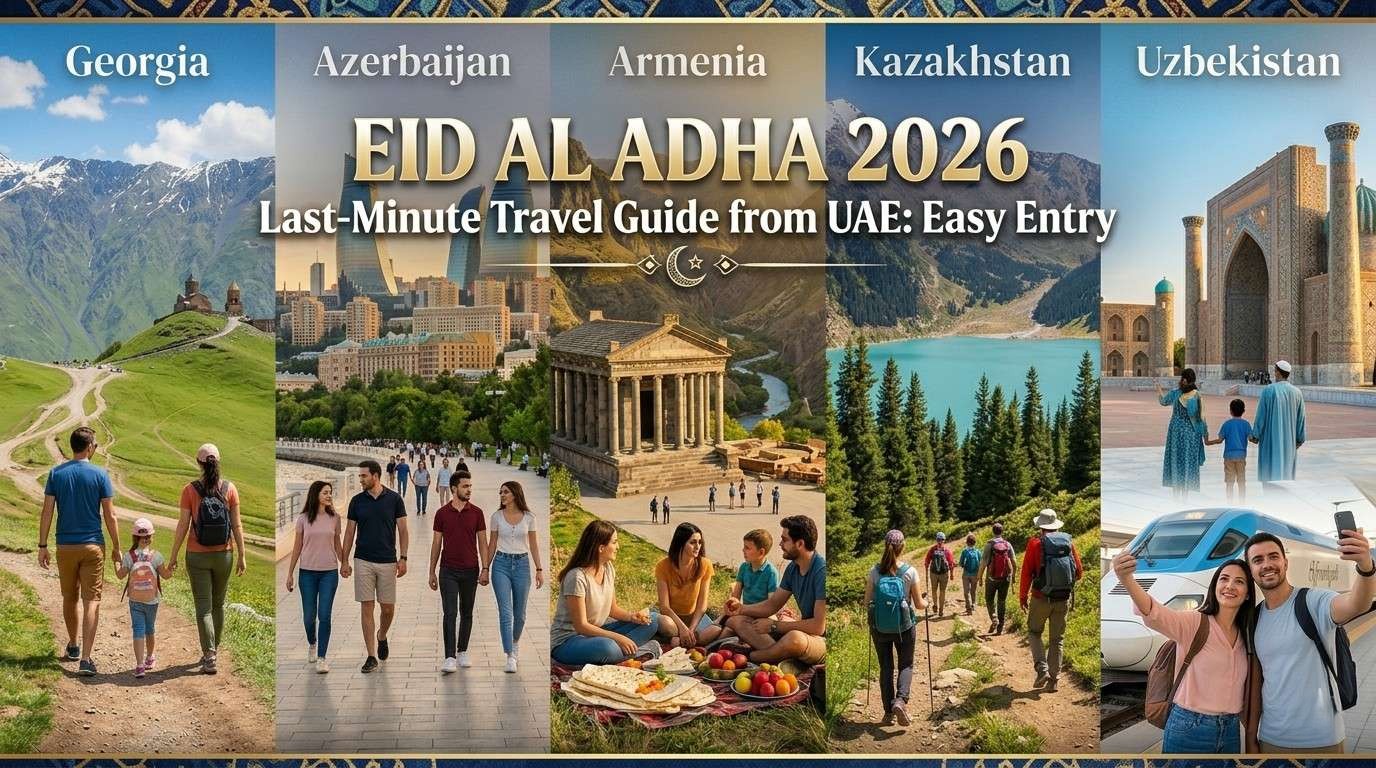 Five-panel photo showcasing travel to Georgia, Azerbaijan, Armenia, Kazakhstan, and Uzbekistan, highlighting varied landscapes, historical sites, and cultural experiences.