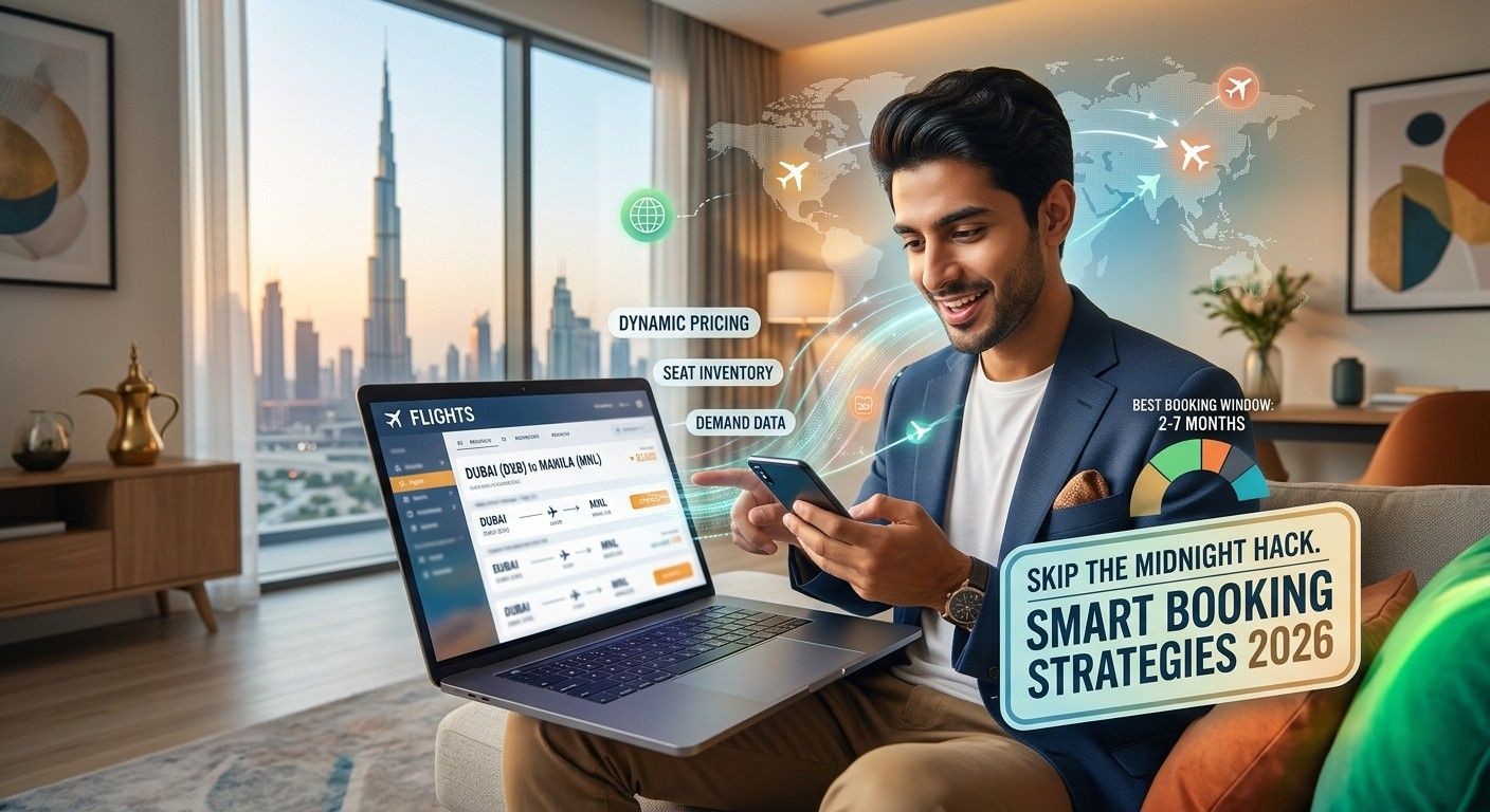 A UAE traveler booking a flight from Dubai to Manila on a laptop during the day, featuring digital overlays of airline dynamic pricing data and the Burj Khalifa skyline.