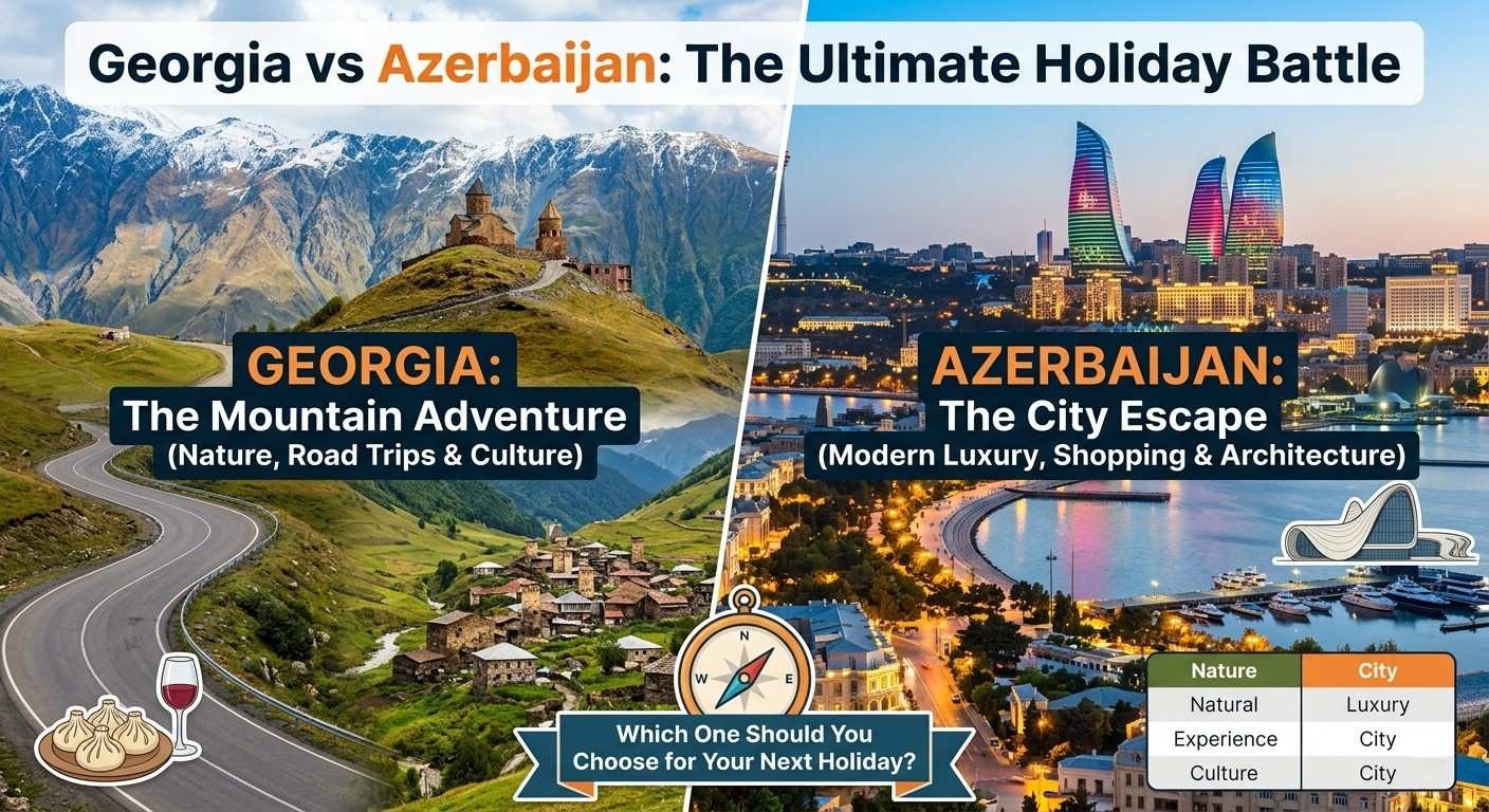 A side-by-side comparison banner titled Georgia vs Azerbaijan: The Ultimate Holiday Battle. The left side features Georgia's mountain roads and Gergeti Trinity Church, while the right side displays Baku's Flame Towers and coastal promenade beside the Caspian Sea.