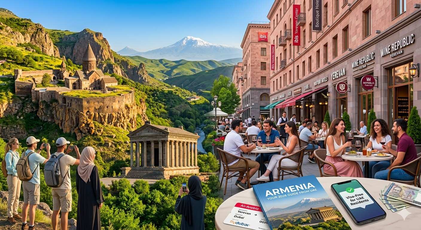 A composite image showcasing Armenia's historic monasteries, mountain views, Yerevan outdoor cafes