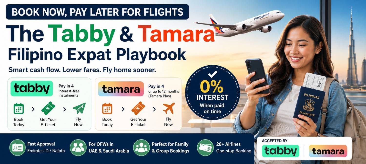 Filipino expat booking a Manila flight using Tabby and Tamara pay-later options with interest-free installments in the UAE and Saudi Arabia.