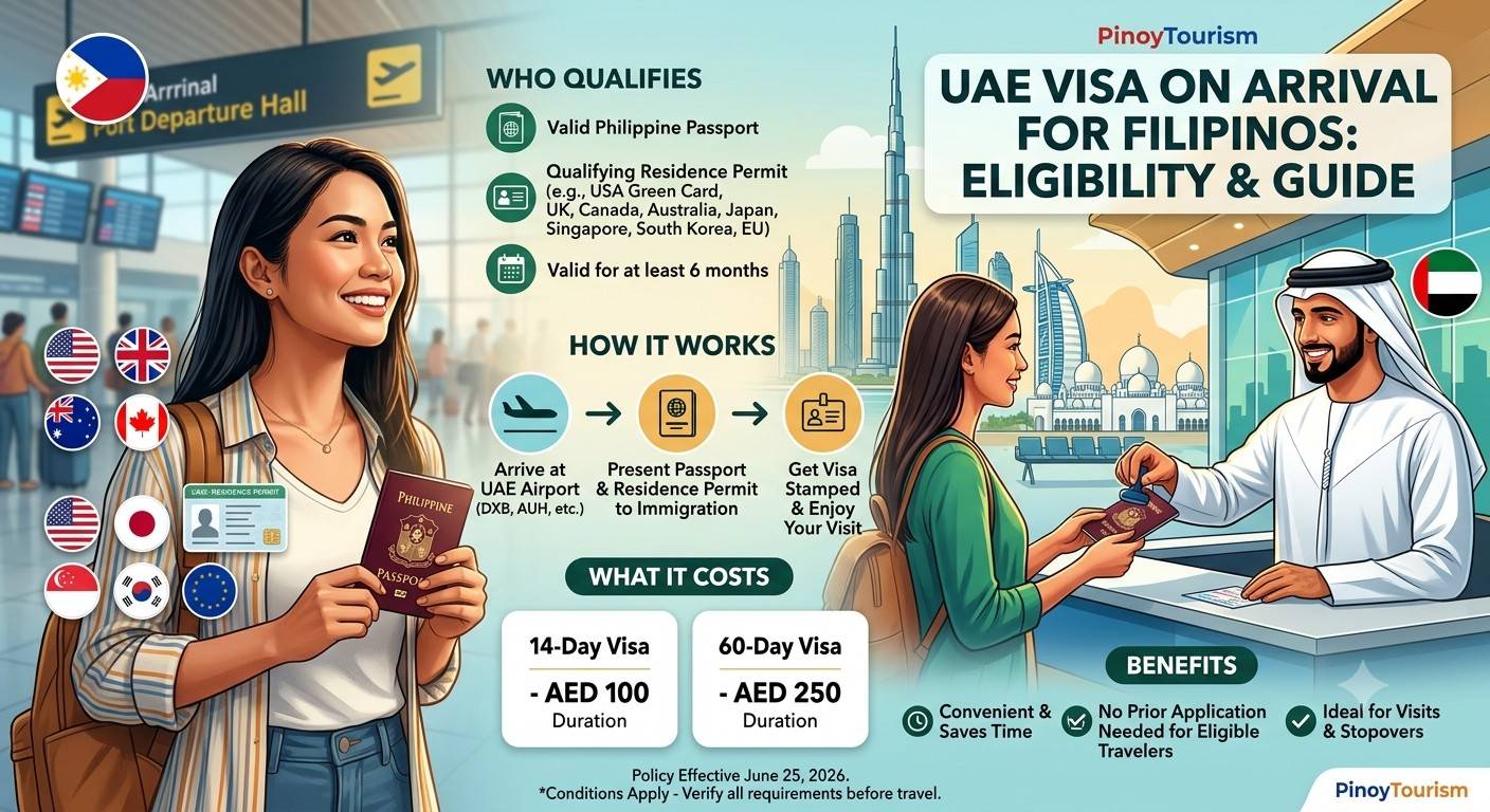 Infographic detailing the UAE Visa on Arrival process for eligible Filipino passport holders with specific foreign residence permits, including costs, validity, and immigration flow.