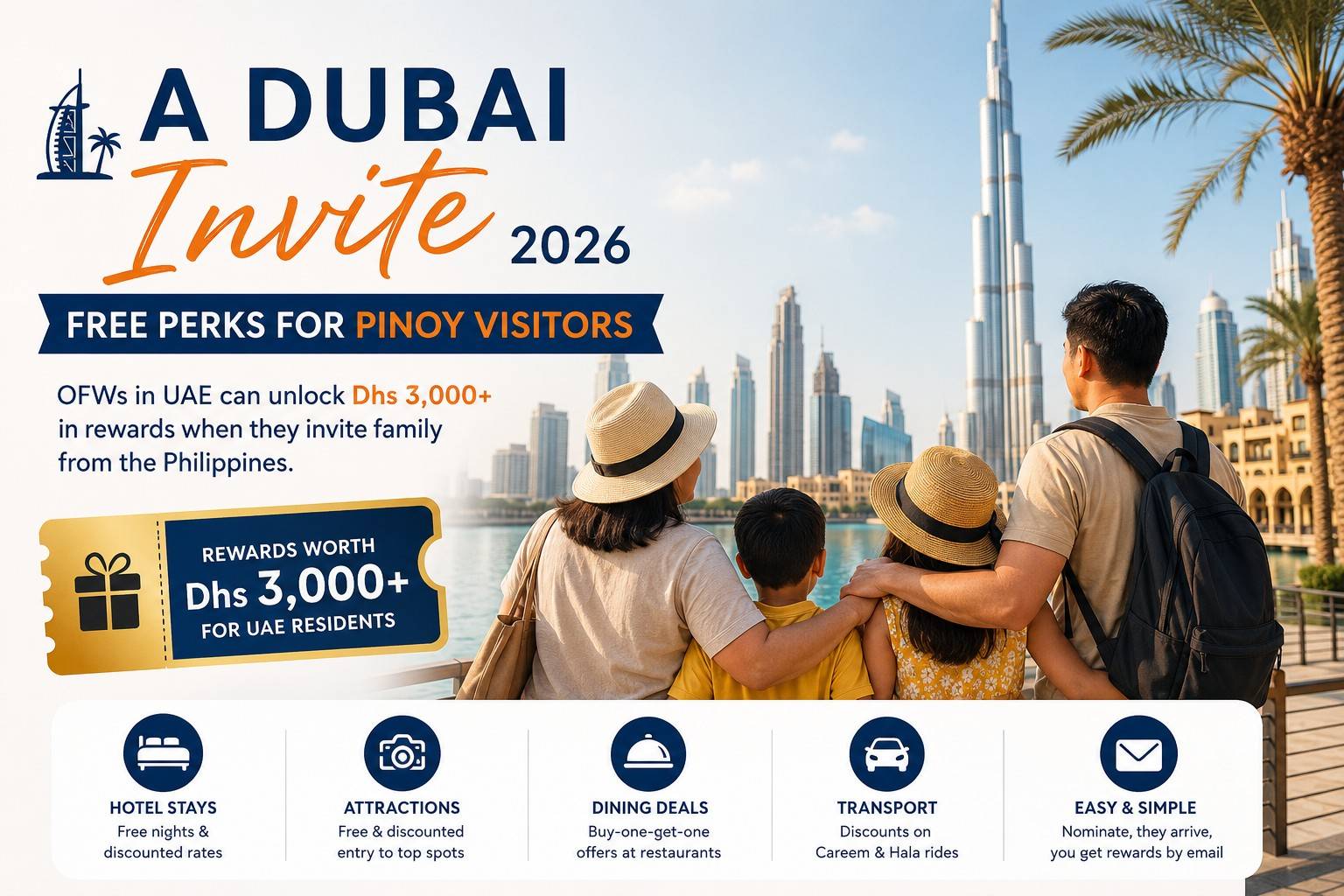 Dubai Invite 2026 campaign featuring a Filipino family in Dubai with UAE resident rewards including hotel stays, attractions, dining offers, and transport perks.