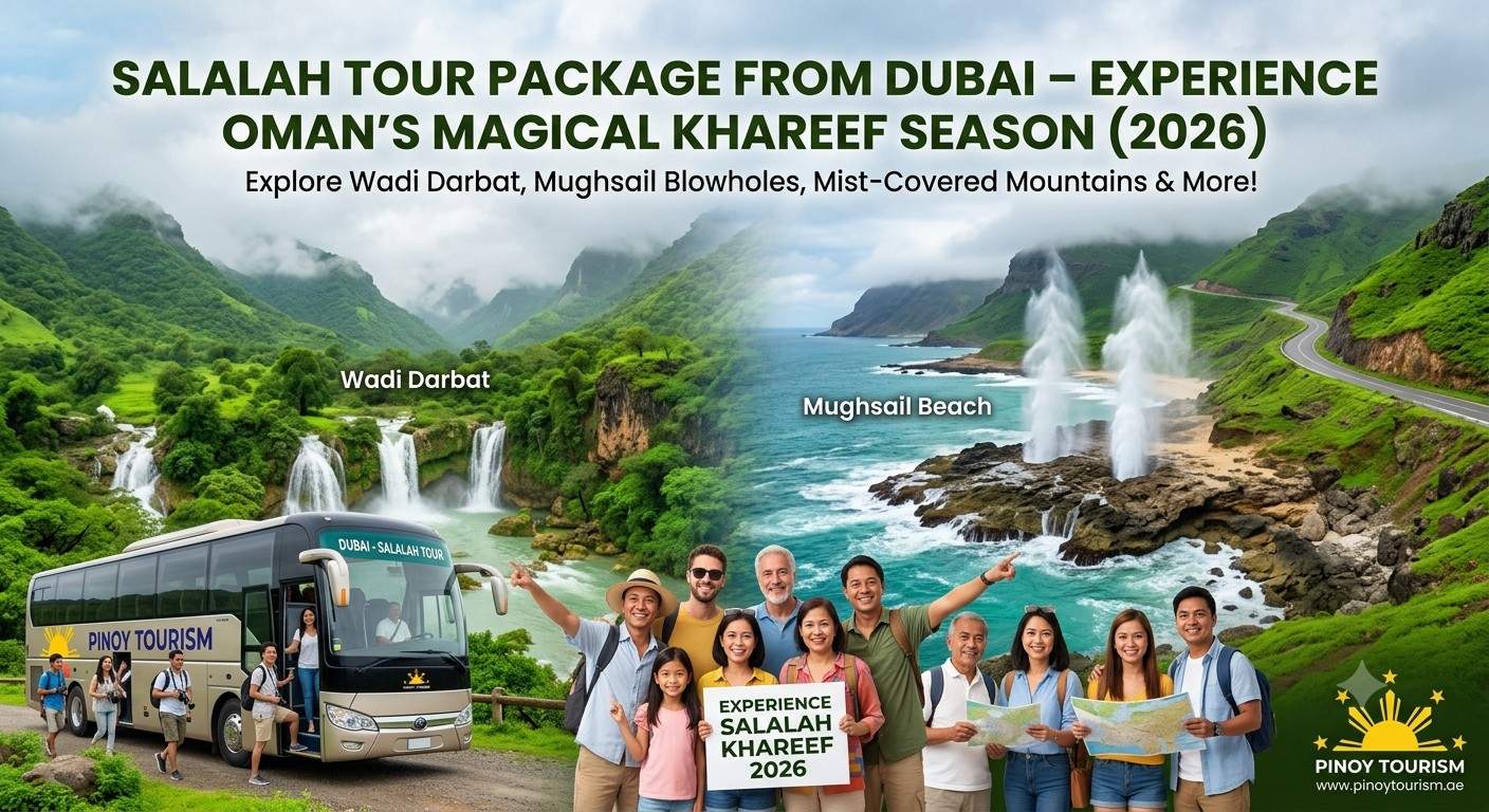 Group tour in front of lush green Wadi Darbat and Mughsail Beach with a Pinoy Tourism bus.